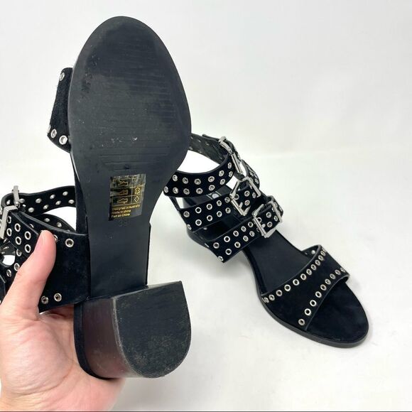 SOL Sana Black Sweet Pea Black Studded Suede Block Heeled Sandals Size 39 - Picture 10 of 11